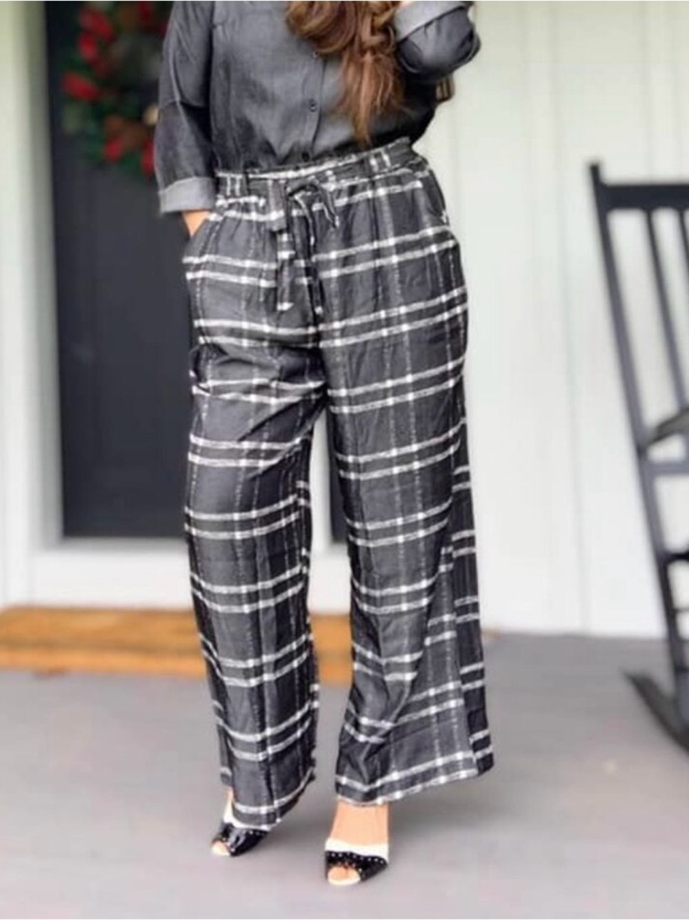 LuLaRoe Dianne Wide Leg Chambray Pants Black White Windowpane Plaid Size Medium